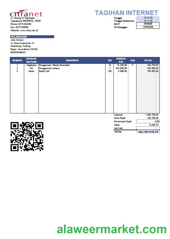 Indonesia Citranet utility bill template in Word and PDF formats